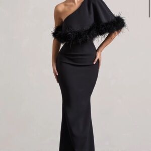 Club London Elegant Black One-Shoulder Dress with Feather Trim